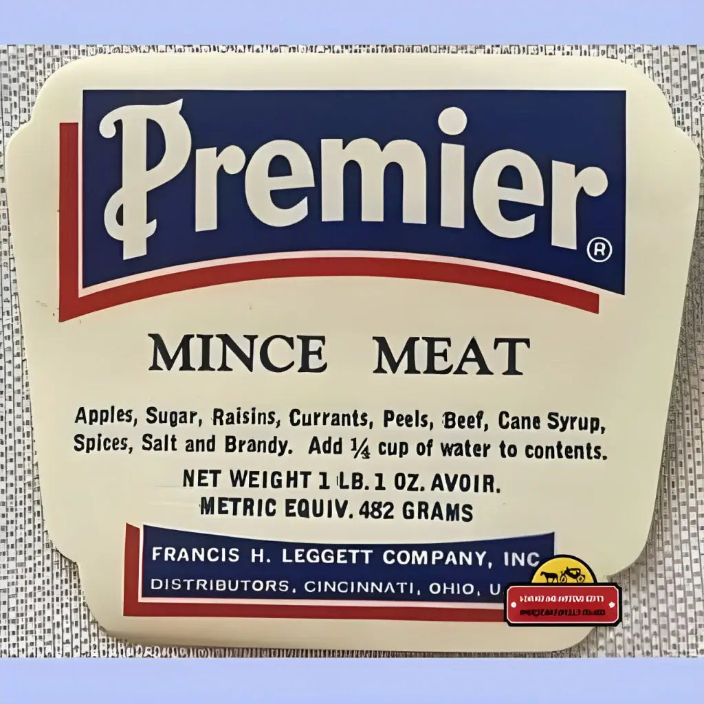 Vintage mince meat tin with red blue label on white background
