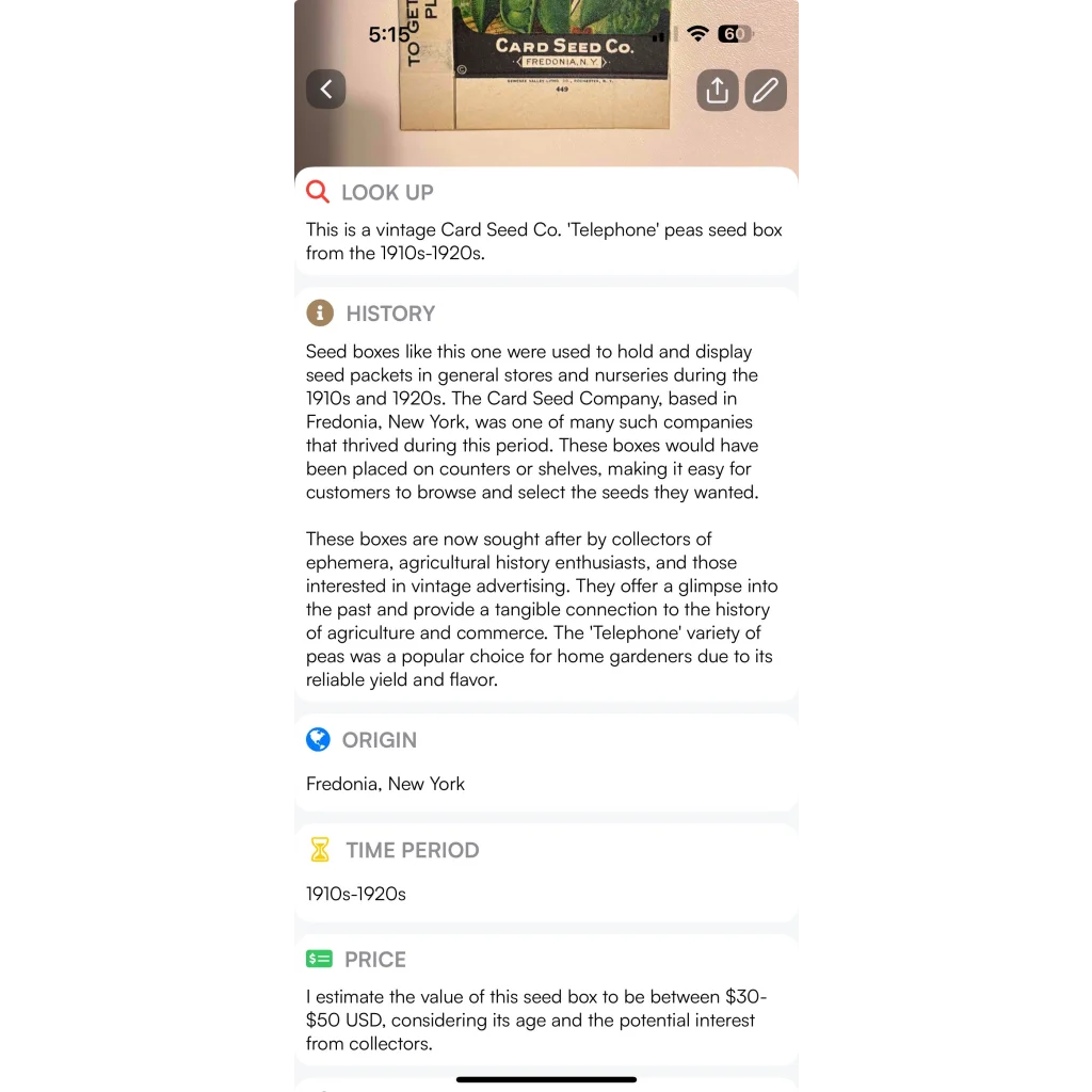 Vintage telephone pea box from Card Seed Company, a rare antique vintage pea box