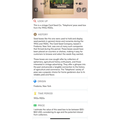 Vintage telephone pea box from Card Seed Company, a rare antique vintage pea box