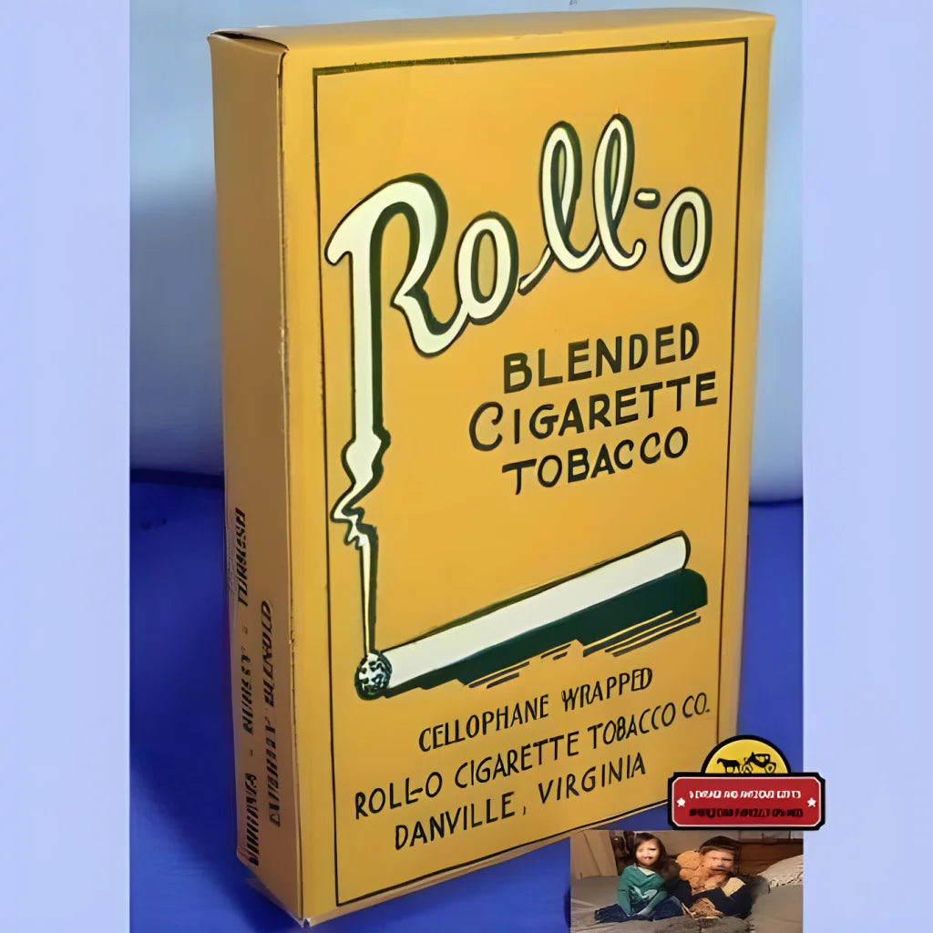 Antique Vintage Rollo Cigarette Box showcasing yellow tobacco package with logo and details