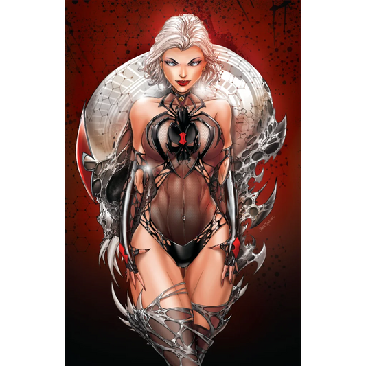 Rare antique spider armor bodysuit in silver black with red accents