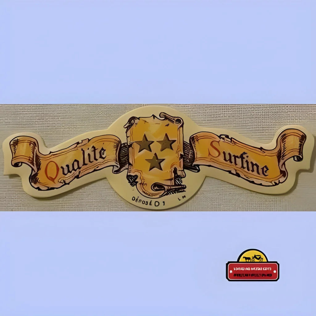 Vintage-style neck label with Qualite Surfine text and stars for antique gifts collectors