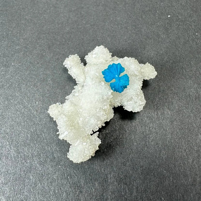 Rare translucent white crystalline figurine with blue flower accent, Cavansite from India