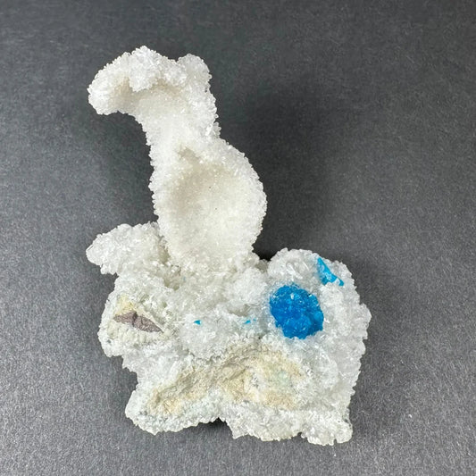 Rare blue Cavansite crystal on white stilbite from India