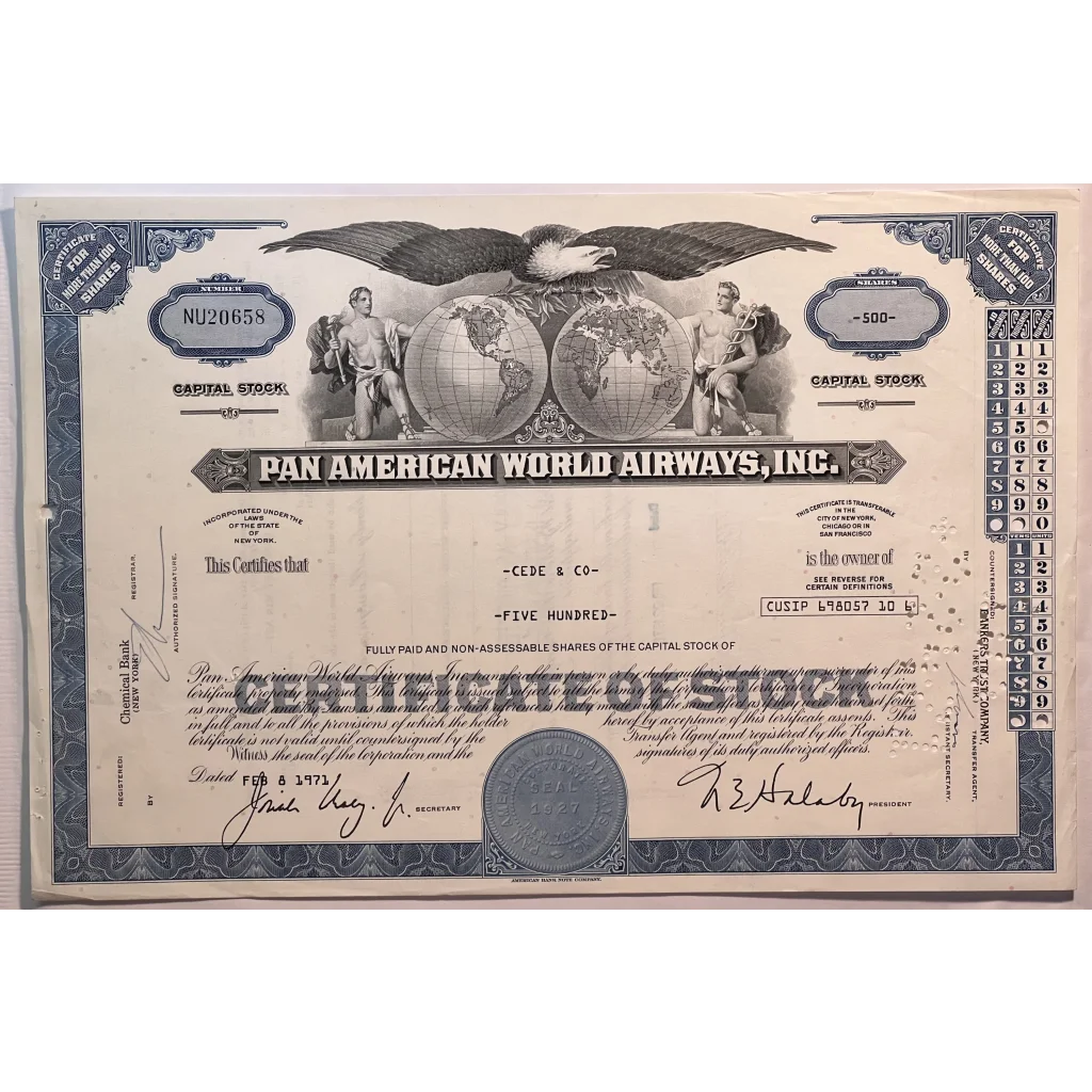 Rare 🤩 Blue Vintage 1960s - 1970s Pan Am American World Airways Stock Certificate RIP Collectibles and Antique Gifts