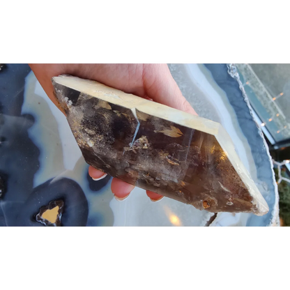 Hand holding rare Brazilian smokey quartz point with lodalite inclusions
