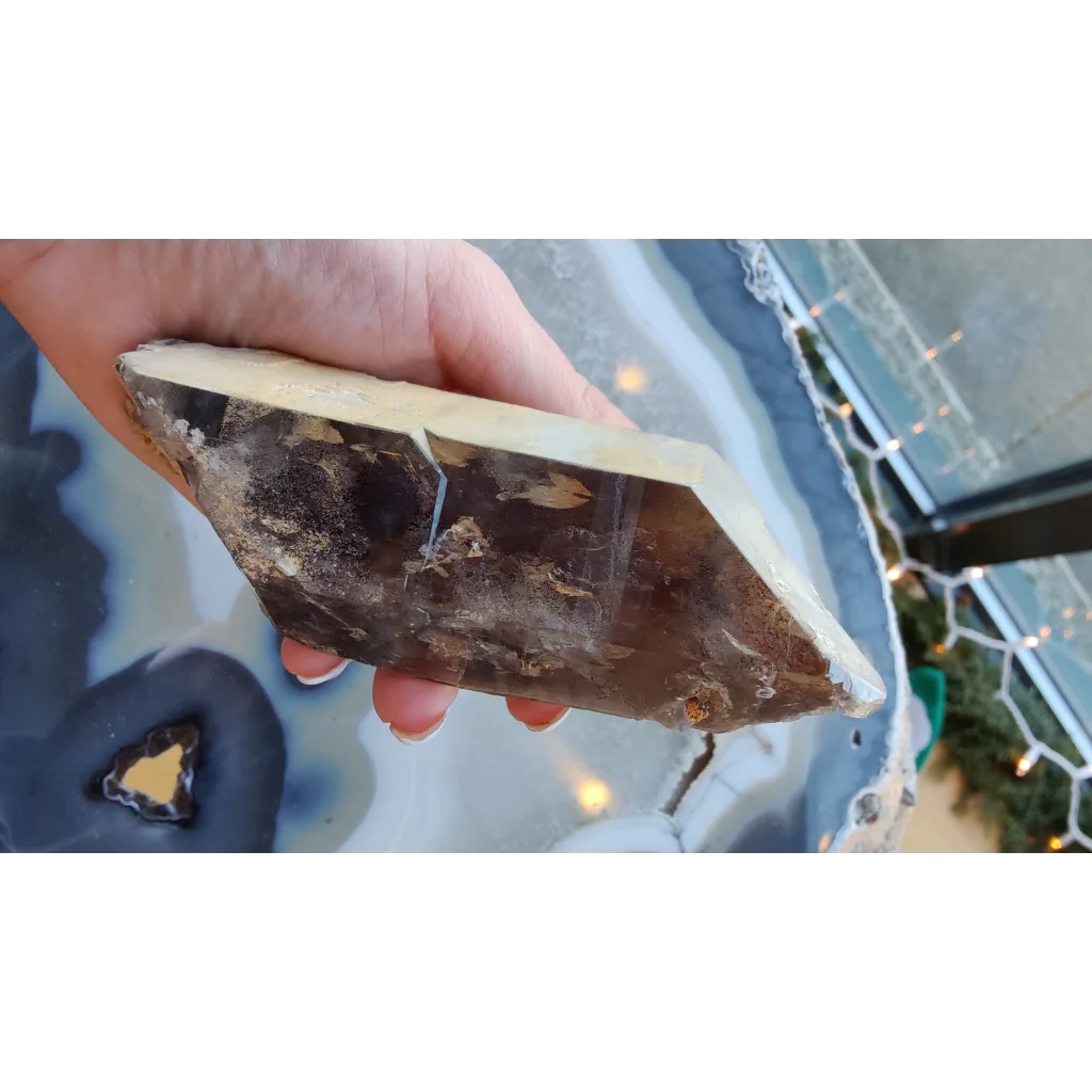 Hand holding rare Brazilian smokey quartz point with lodalite inclusions