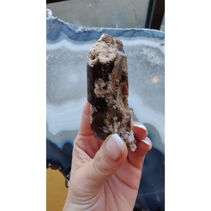 Hand holding rare Brazilian smokey quartz point with lodalite inclusions
