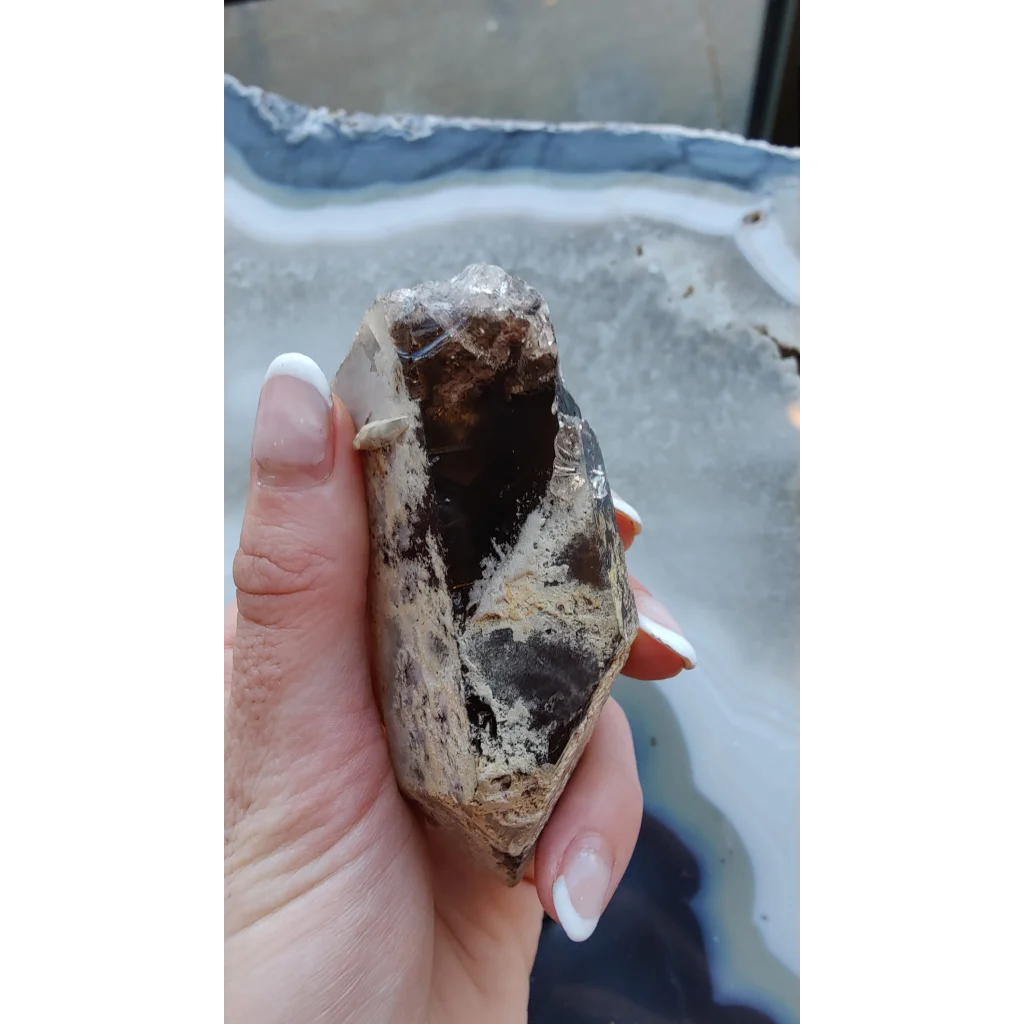 Hand holding rare Brazilian smokey quartz point with lodalite inclusions