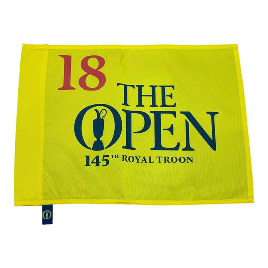 Rare British Open golf pin flag from Royal Troon 2016 with claret jug logo