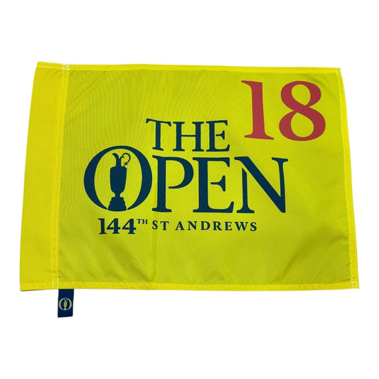 Rare British Open golf pin flag with yellow design and claret jug logo