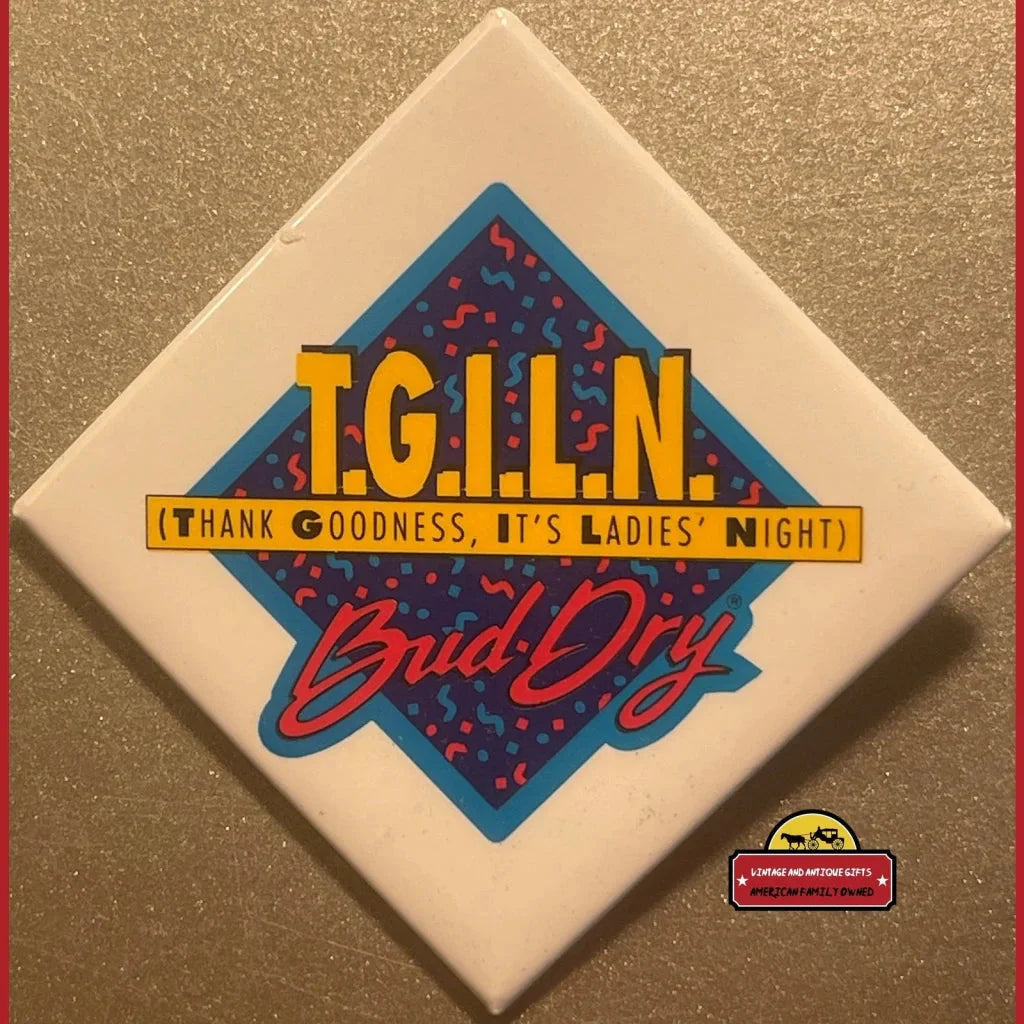 Colorful retro tile featuring T.G.I.L.N. and Bud Dry in a rare antique vintage design