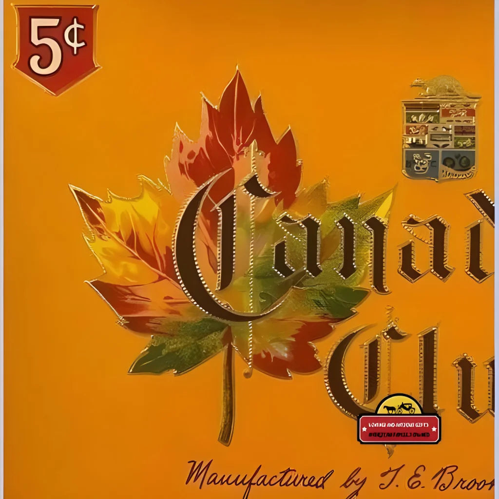 Vintage Canadian Club embossed cigarette ad with colorful autumn maple leaf design