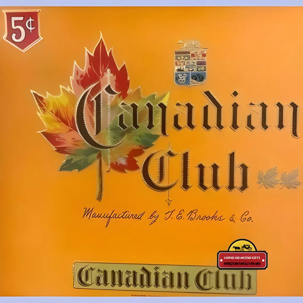 Vintage Canadian Club embossed cigar label with colorful maple leaf logo