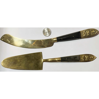 Rare Century Exclusive Willy Schlegelmilch brass cake server with ornate black handle and floral design