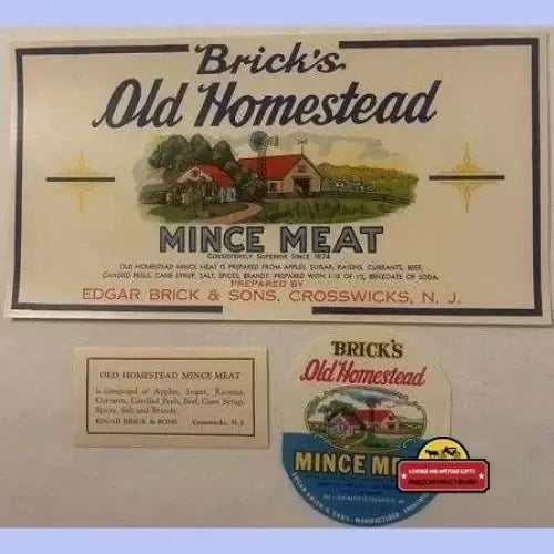 Vintage mince meat antique label with farm illustration on cream background