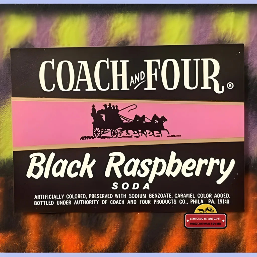 Vintage-style Coach and Four Black Raspberry Soda label from a rare combo antique set