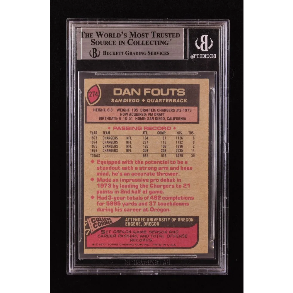 Graded vintage Dan Fouts 1977 Topps football trading card BGS authenticated HOF legend