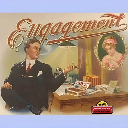 Vintage-style Engagement poster with man at desk and woman’s portrait, rare embossed cigar label