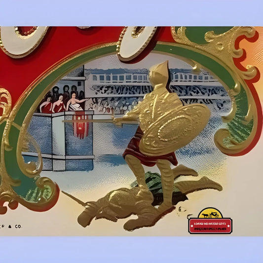 Golden statue of an athlete on a rare embossed cigar label featuring Roman Gladiator victory