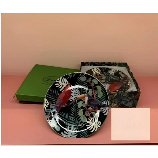 Decorative plate from Rare Fancy Home Collection with tropical birds and foliage