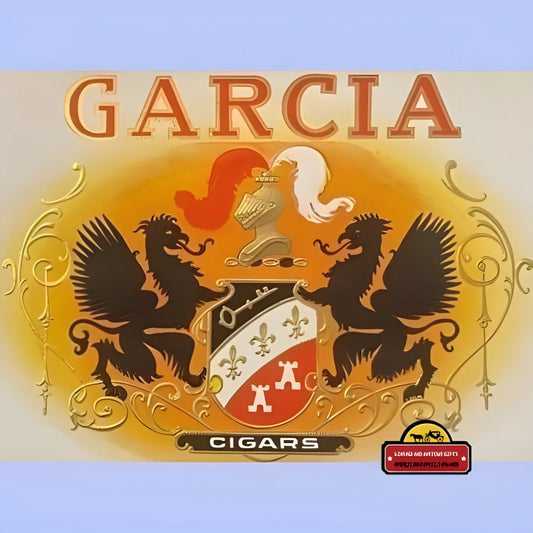 Vintage cigar label featuring GARCIA and heraldic winged creatures, perfect antique gift