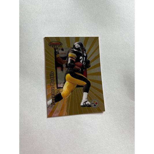 Gold Jerome Bettis card featuring Steelers legend in running pose for bettis card collection
