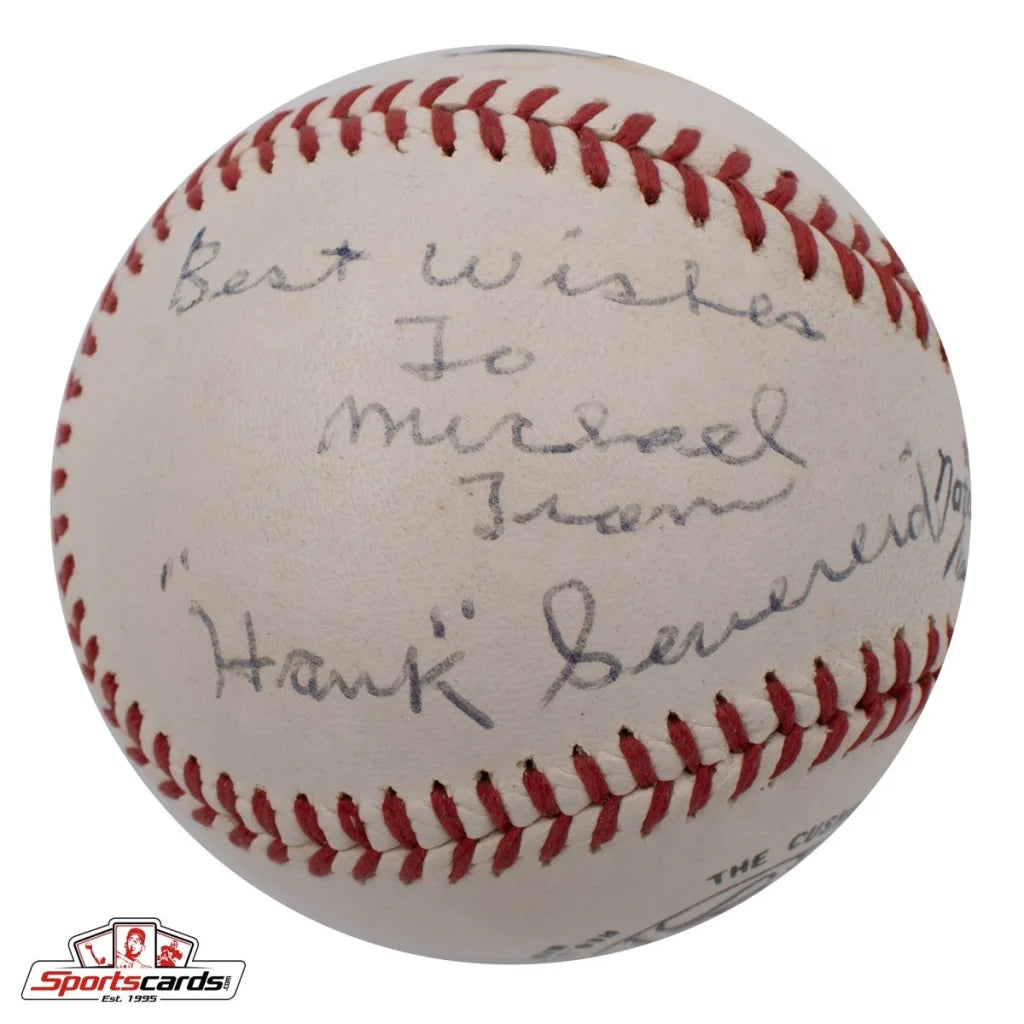 Rare Hank Severeid signed 1963 baseball with red stitching, Beckett authenticated