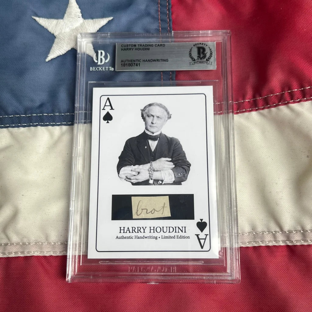 Beckett-graded Harry Houdini trading card with handwritten word and black-and-white image