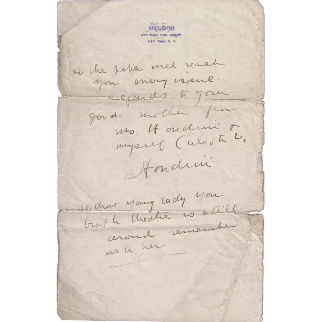 Handwritten word from Harry Houdini in rare collection with signed cards dropdown menu