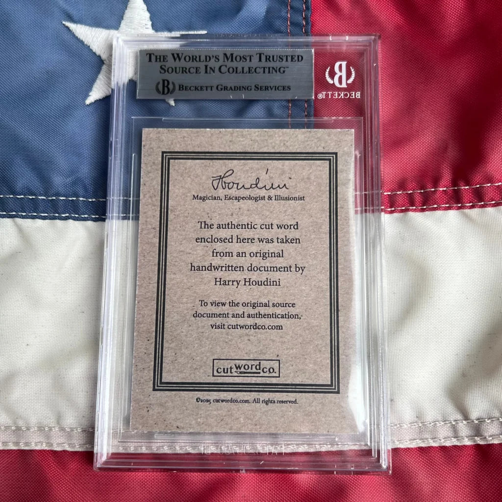 Encapsulated Harry Houdini handwritten word from rare collection with signed cards