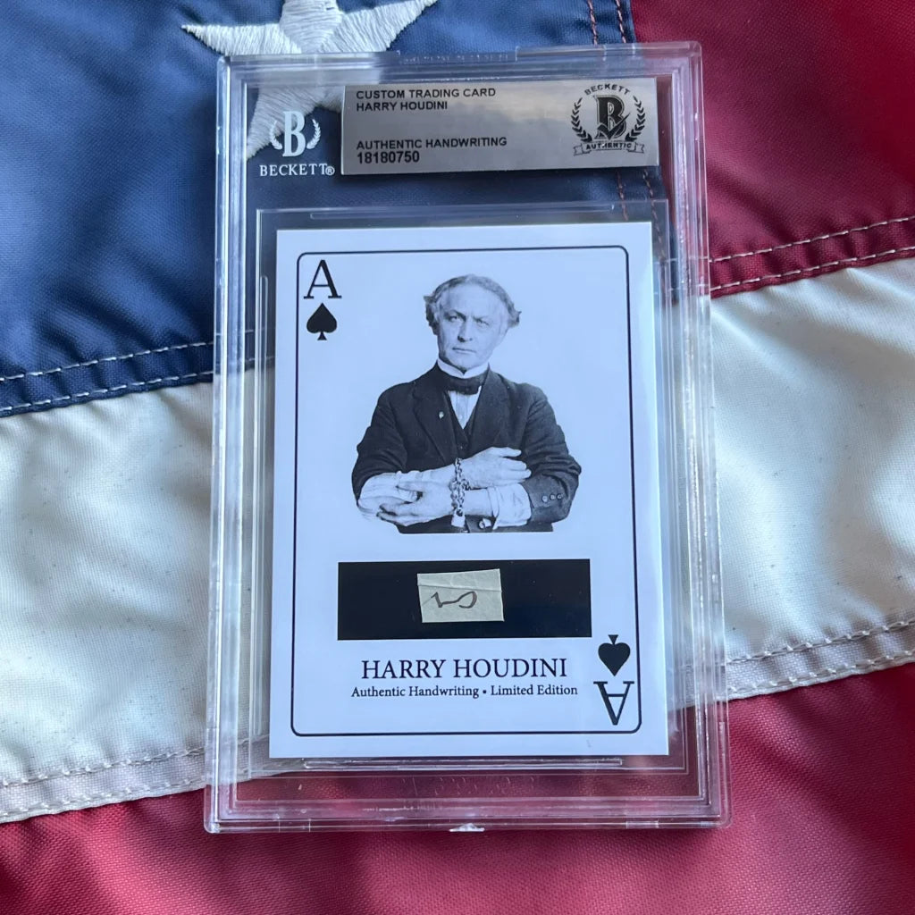 Rare Harry Houdini ace of spades card with authentic handwriting encased in plastic