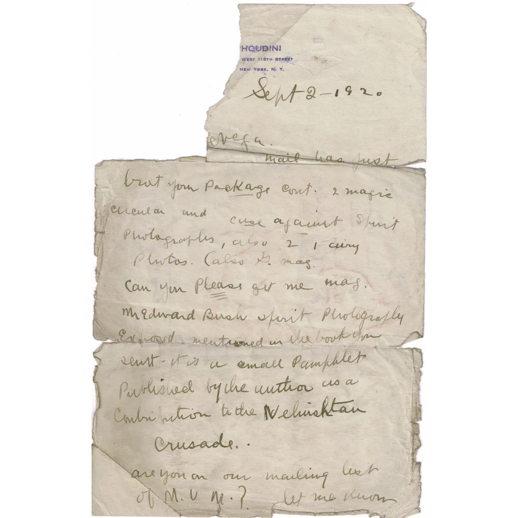 Handwritten word from Harry Houdini on aged paper in Rare Houdini collection with signed cards