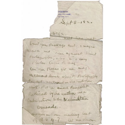 Handwritten word from Harry Houdini on aged paper in Rare Houdini collection with signed cards