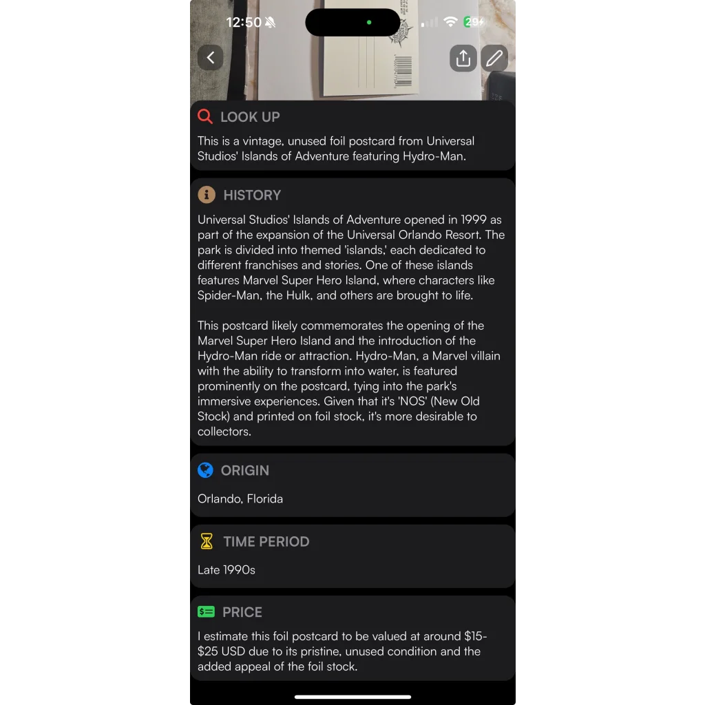 Vintage Universal Studios postcard featuring Hydroman Marvel comic villain artwork