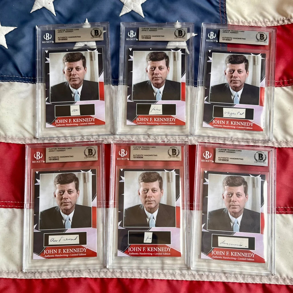 Six graded John F. Kennedy autograph cards with handwritten word from United States President displayed in dropdown menu