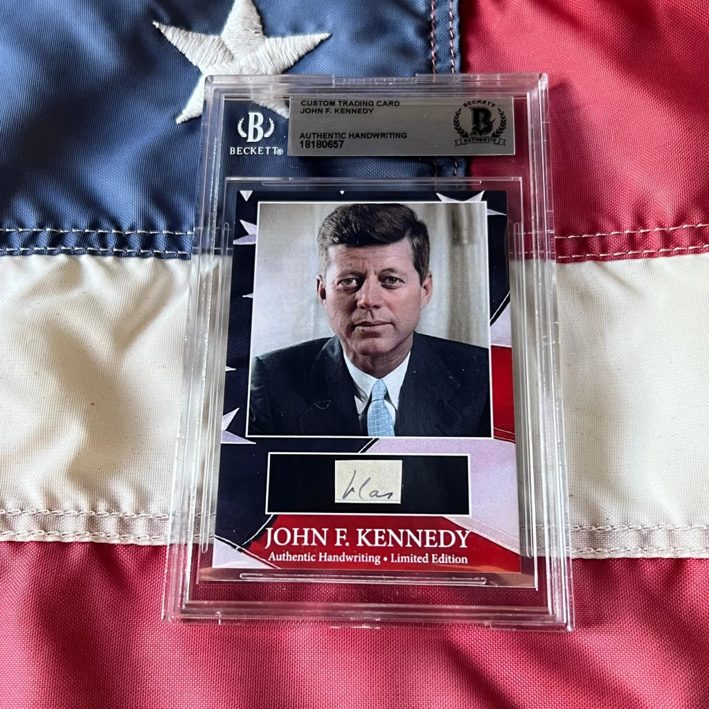 A framed beckett-certified rare jfk handwritten custom trading card featuring john f kennedy autograph now available