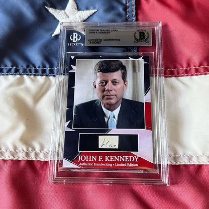 A framed beckett-certified rare jfk handwritten custom trading card featuring john f kennedy autograph now available