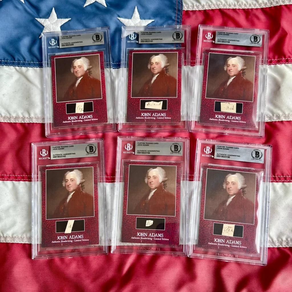 Six John Adams trading cards in protective cases from Rare John Adams Legal Document collection