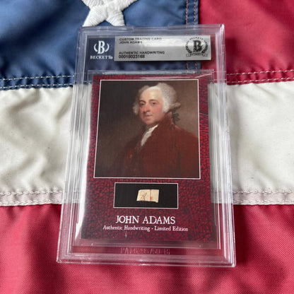 Beckett-certified rare john adams handwriting card with authentic legal document script in clear protective packaging