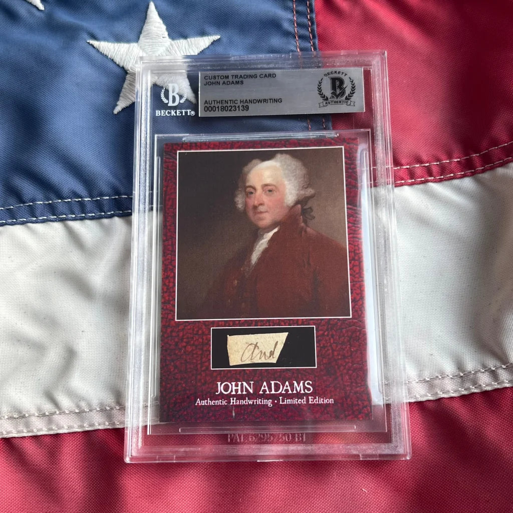 Rare John Adams handwriting card in clear plastic case