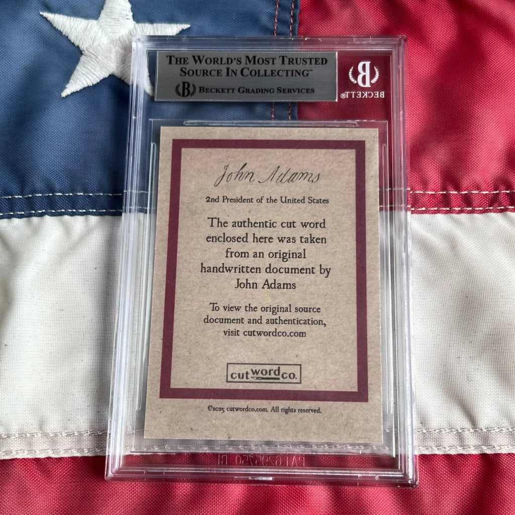 Beckett-graded collectible featuring a cut word from a John Adams legal document