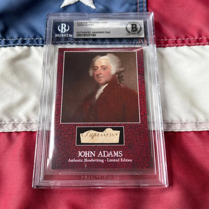 Rare john adams red textured trading card featuring authentic portrait and gold ink signature of adams legal document handwriting cards