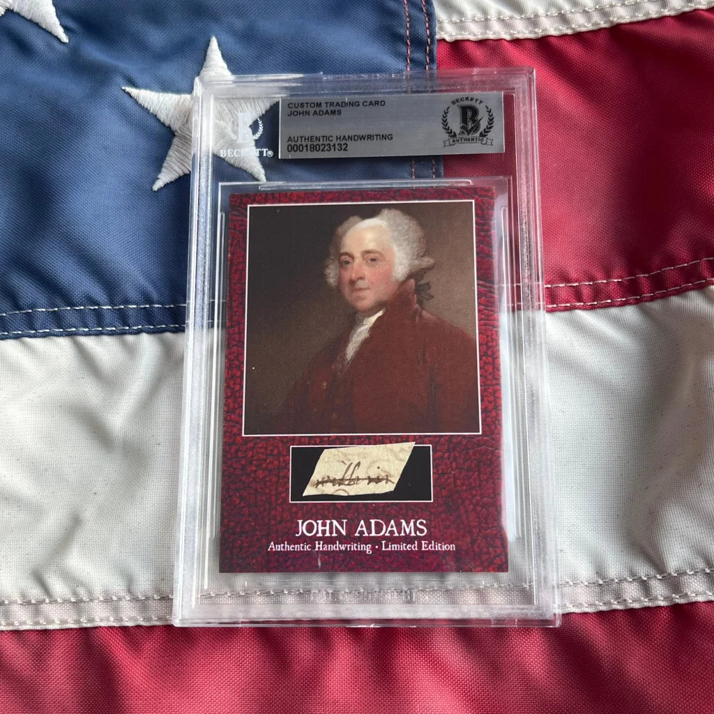 Rare John Adams handwriting card with portrait and signature
