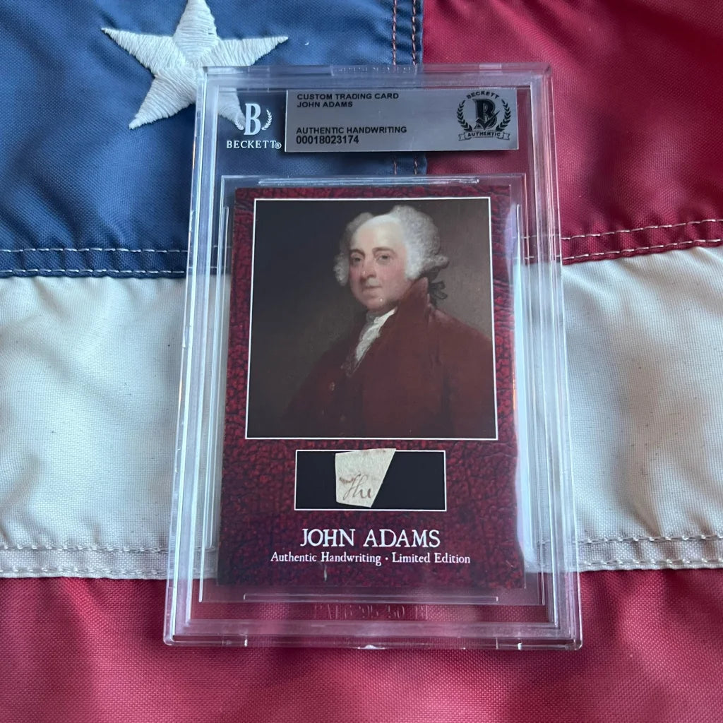 Rare John Adams autograph card with portrait and handwritten note in sleeve