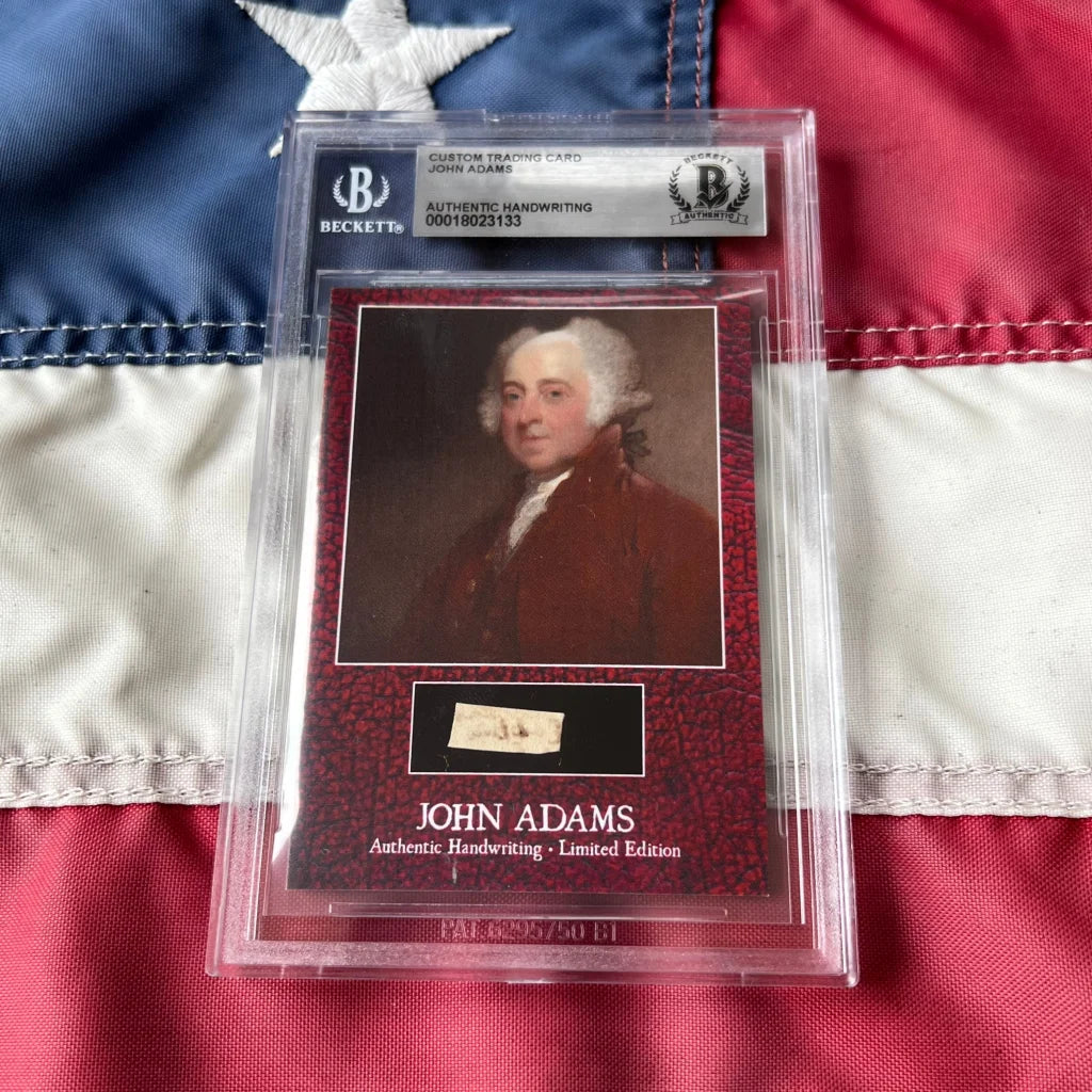Beckett-certified limited edition rare John Adams handwriting card with authentic adams legal document on textured red background