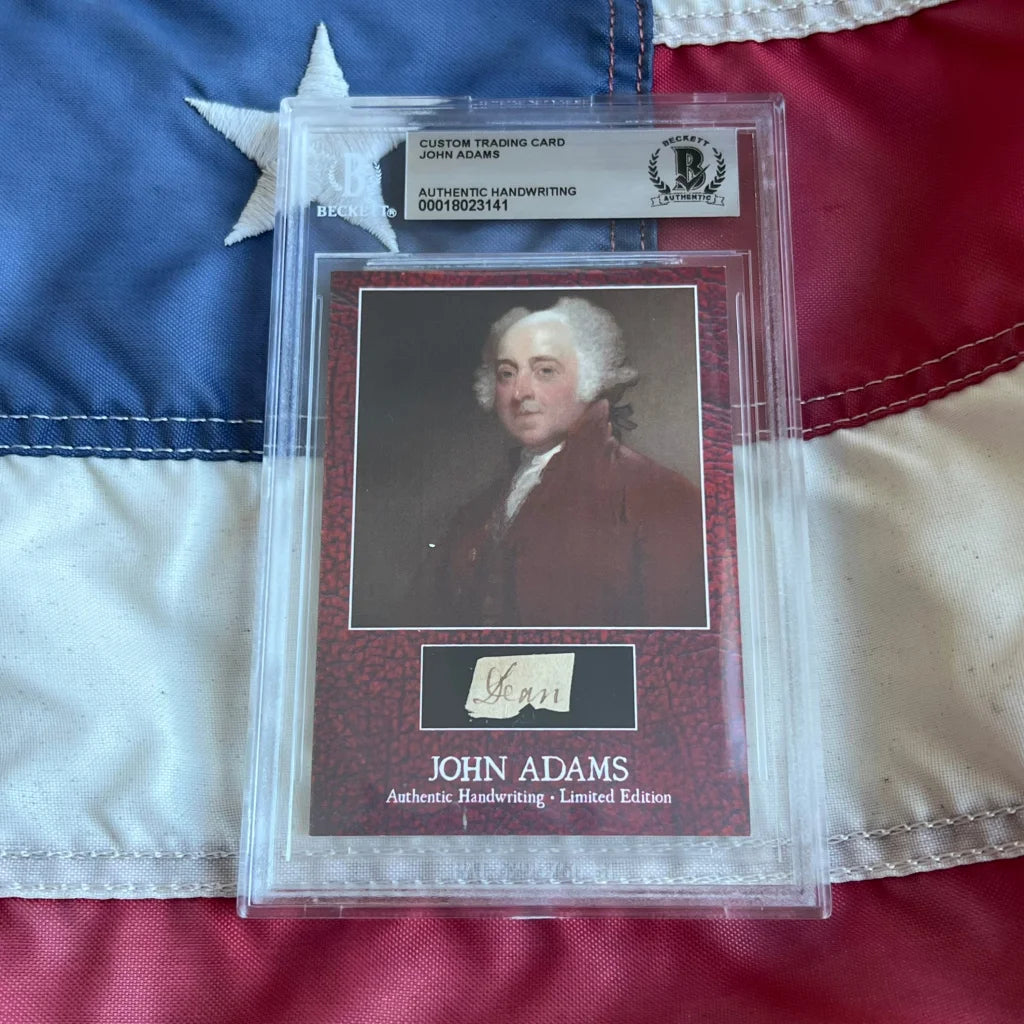 Beckett-authenticated rare John Adams handwriting card in protective case