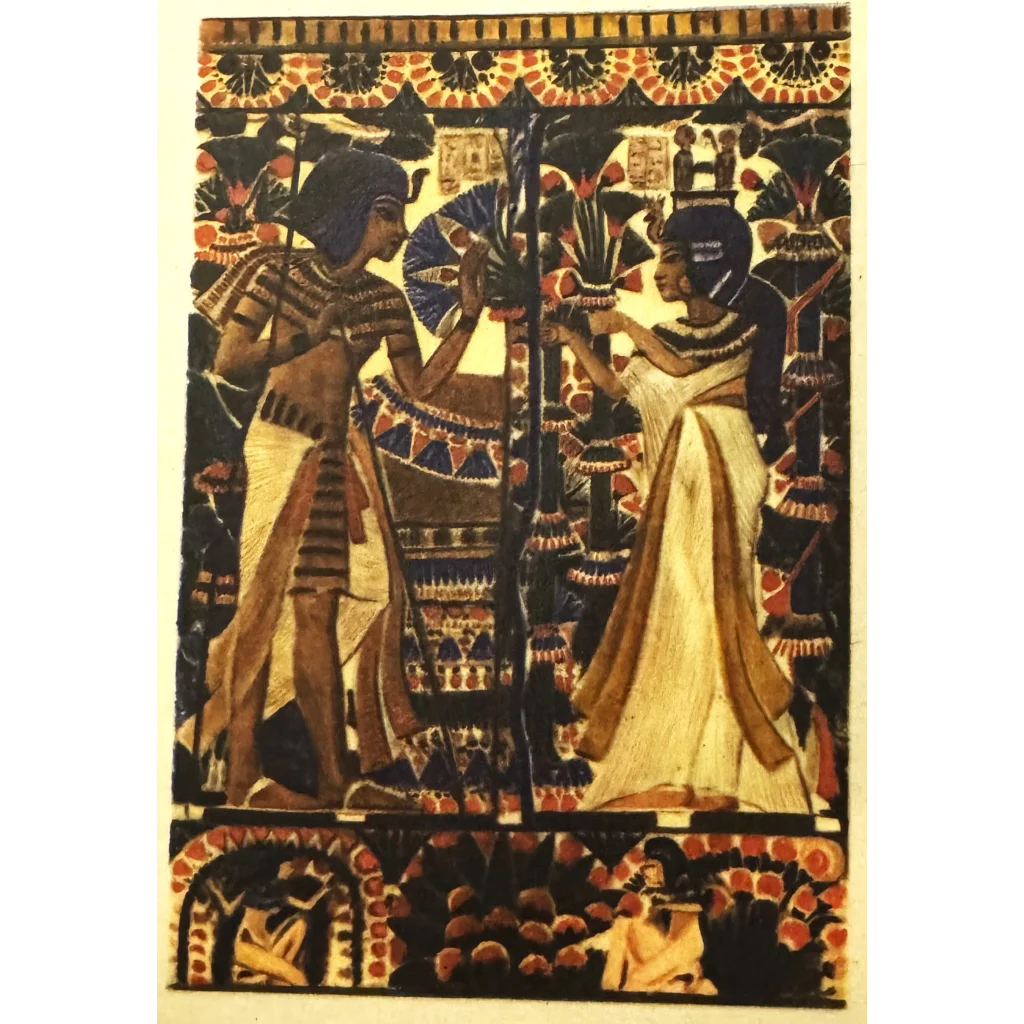 Ancient Egyptian artwork of figures in ceremonial dress from King Tut Vintage Postcard Collection