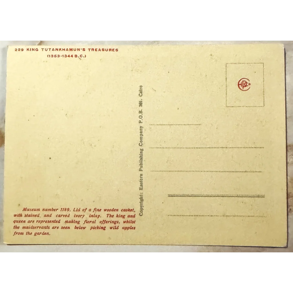 Back of a vintage King Tut postcard with address lines and printed caption