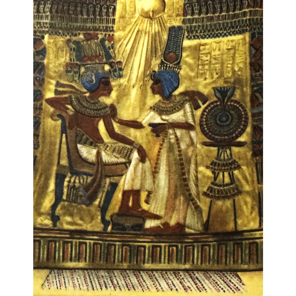 Ancient Egyptian gilded artwork of royal figures on Rare King Tut Vintage Postcard